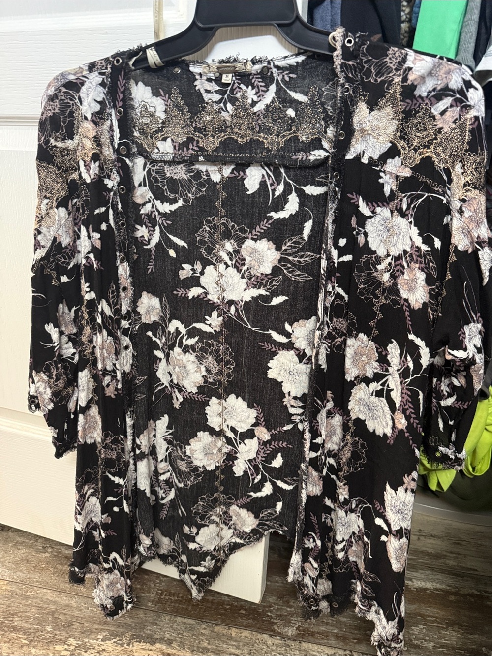 Floral Open Front Kimono Cardigan - Black with Cream & Blush Floral